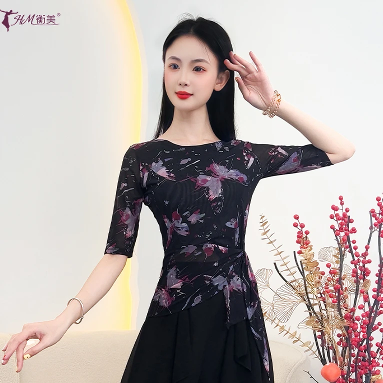古典舞服夏季新款成人女网纱蝴蝶印花中袖练功服圆领绑带现代舞服
