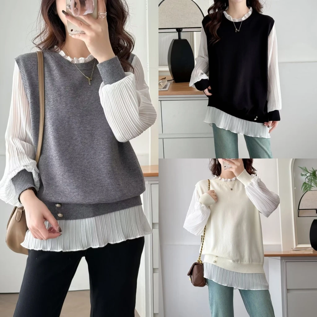 大码胖mm减龄百搭拼接假两件花边领针织衫女春季新款洋气别致上衣