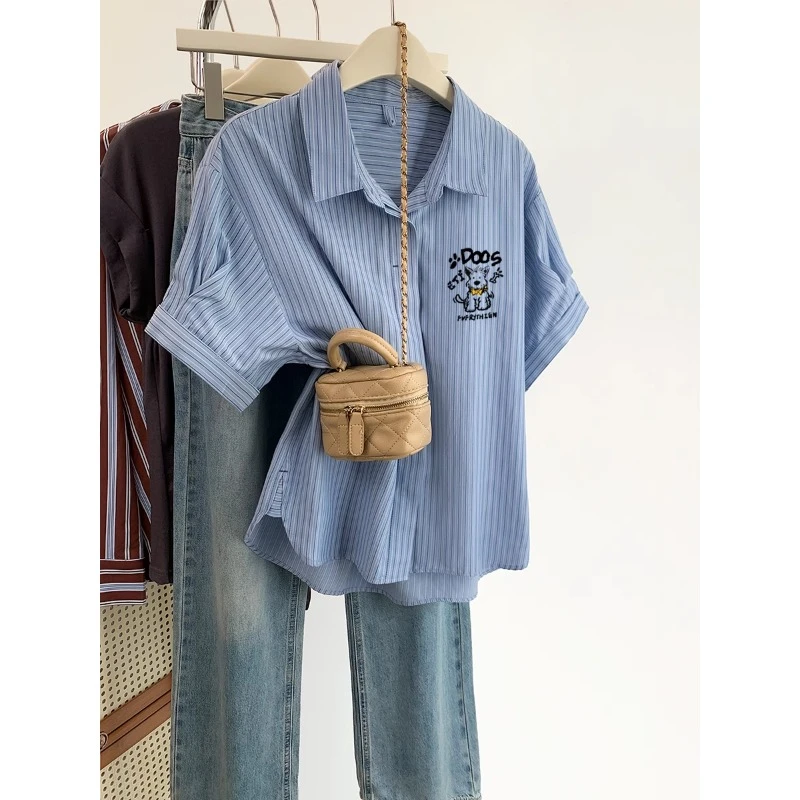 大码女装韩系减龄小狗印花正肩短袖衬衫夏2025新款宽松polo领上衣