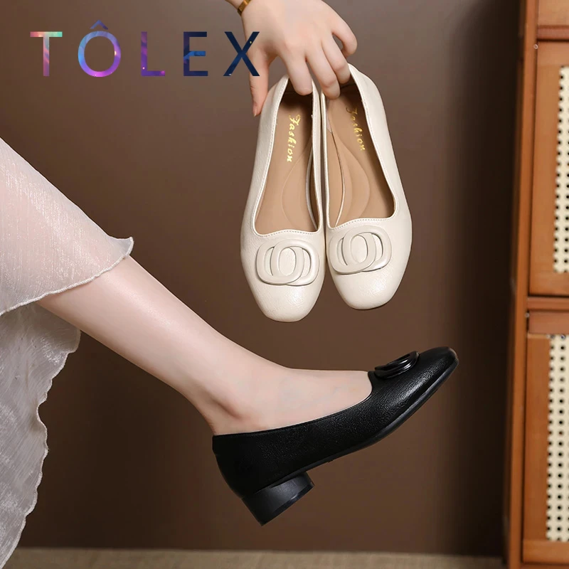 TOLEX浅口方头修面法式平跟中口单鞋粗跟秋季极简风