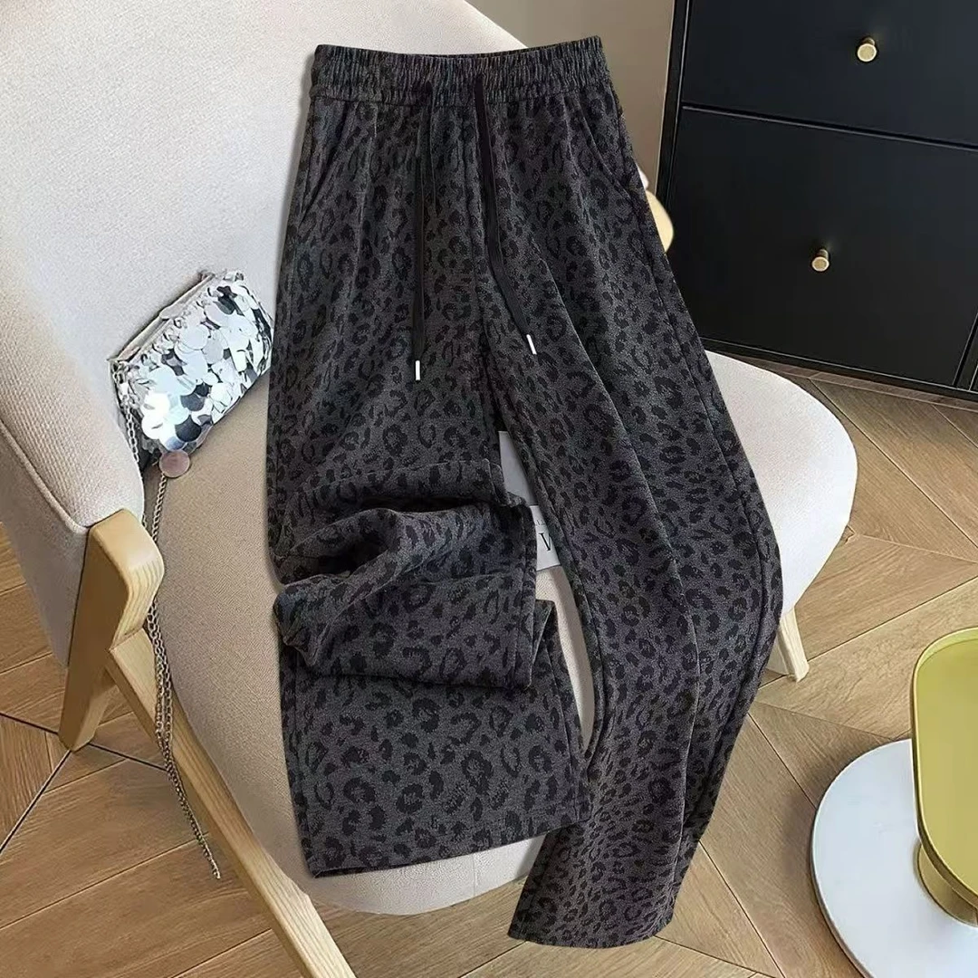 豹纹高腰阔腿裤卫裤百搭秋季复古时尚休闲裤松紧腰
