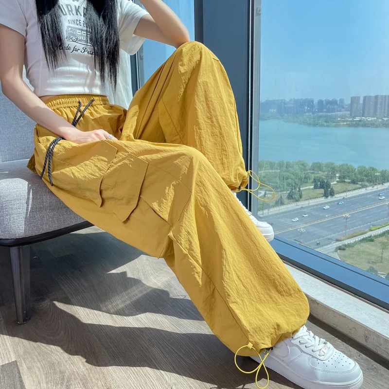 清凉垂顺速干两穿工装裤女夏薄款高腰抽绳防晒哈伦运动休闲裤5179