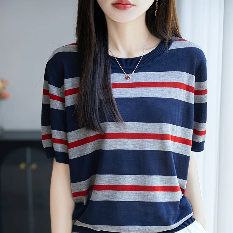条纹新款女打底衫短袖显瘦薄款宽松夏季百搭004女士短袖衫上衣