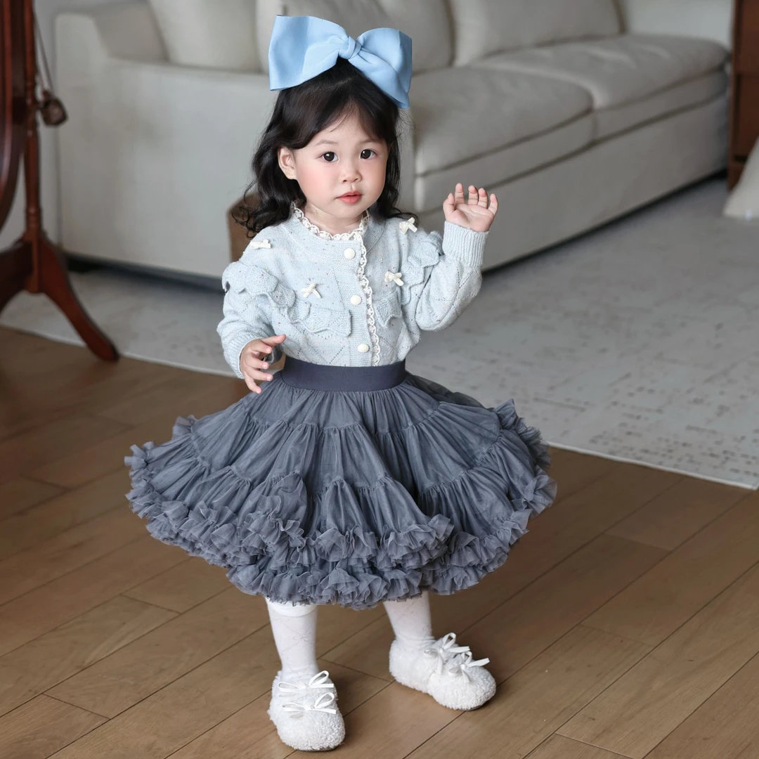 女童春季韩版甜美可爱套装女宝宝菱格针织毛衣网纱蛋糕凸凸裙