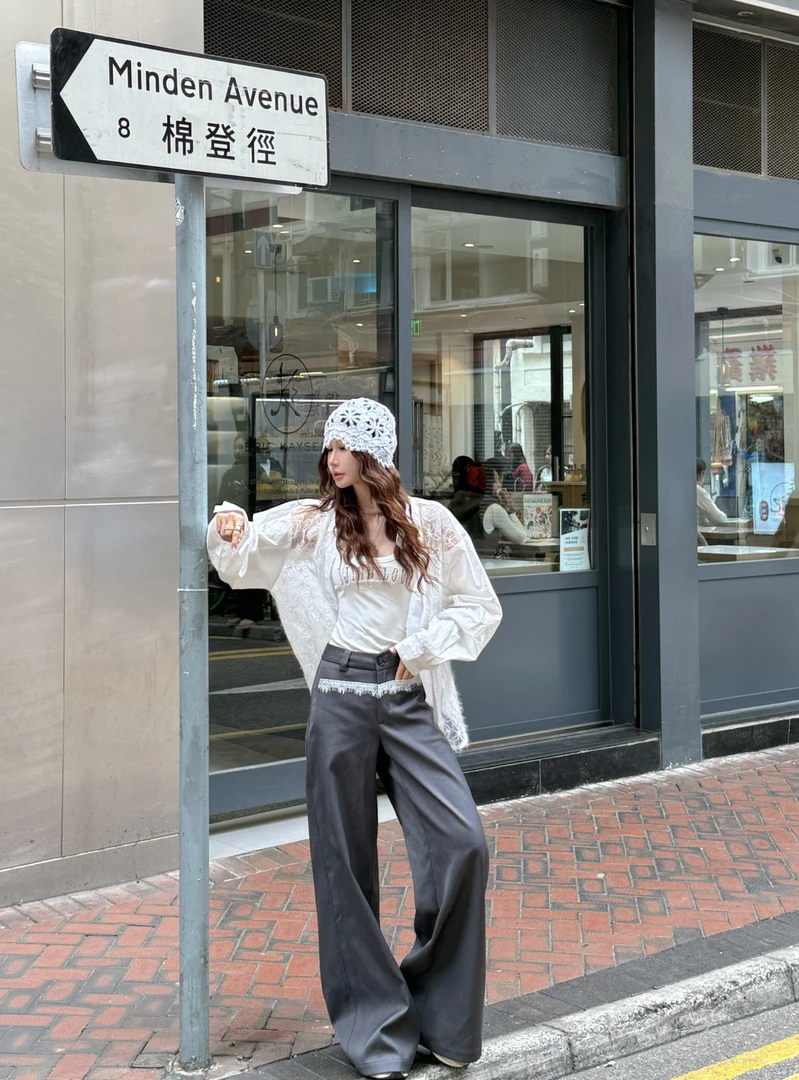 婉君【蕾丝灰色西装裤】早春时尚拼接高级感阔腿休闲裤LWJ25A1K303