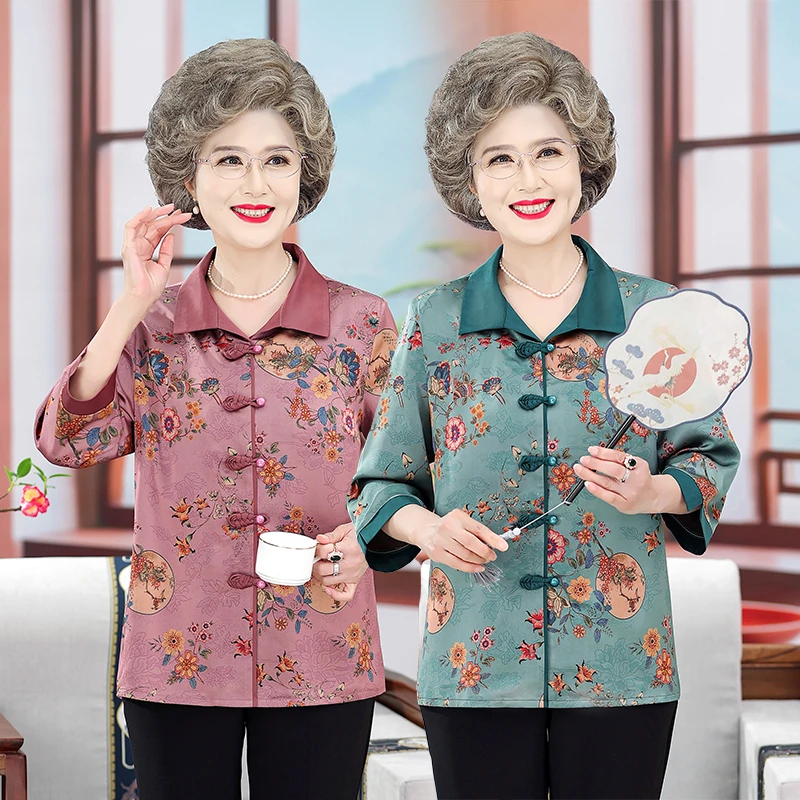 中老年人夏装女奶奶装七分袖衬衫60岁妈妈装翻领开衫洋气太太上衣