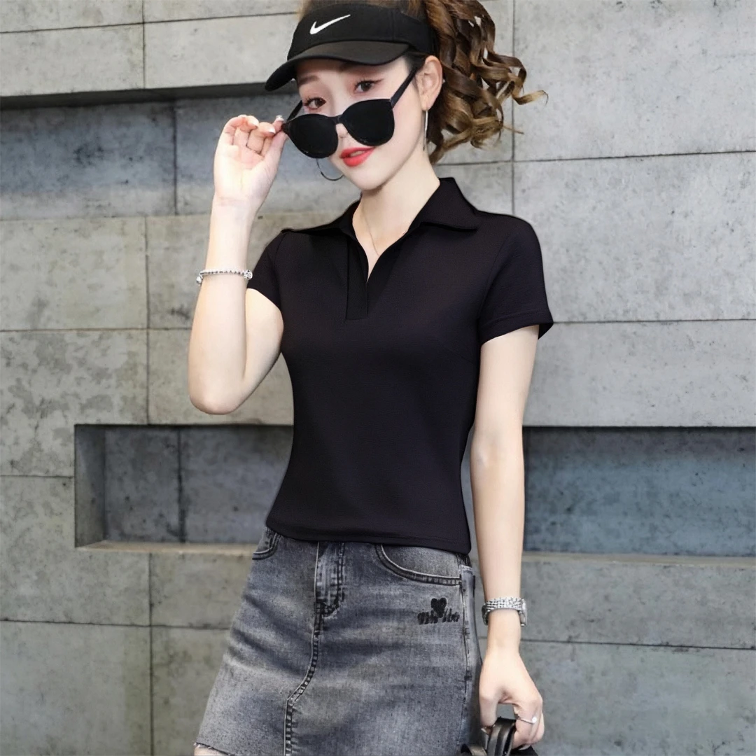 2025夏季正肩polo领短袖t恤女时尚休闲显瘦翻领修身洋气韩版上衣