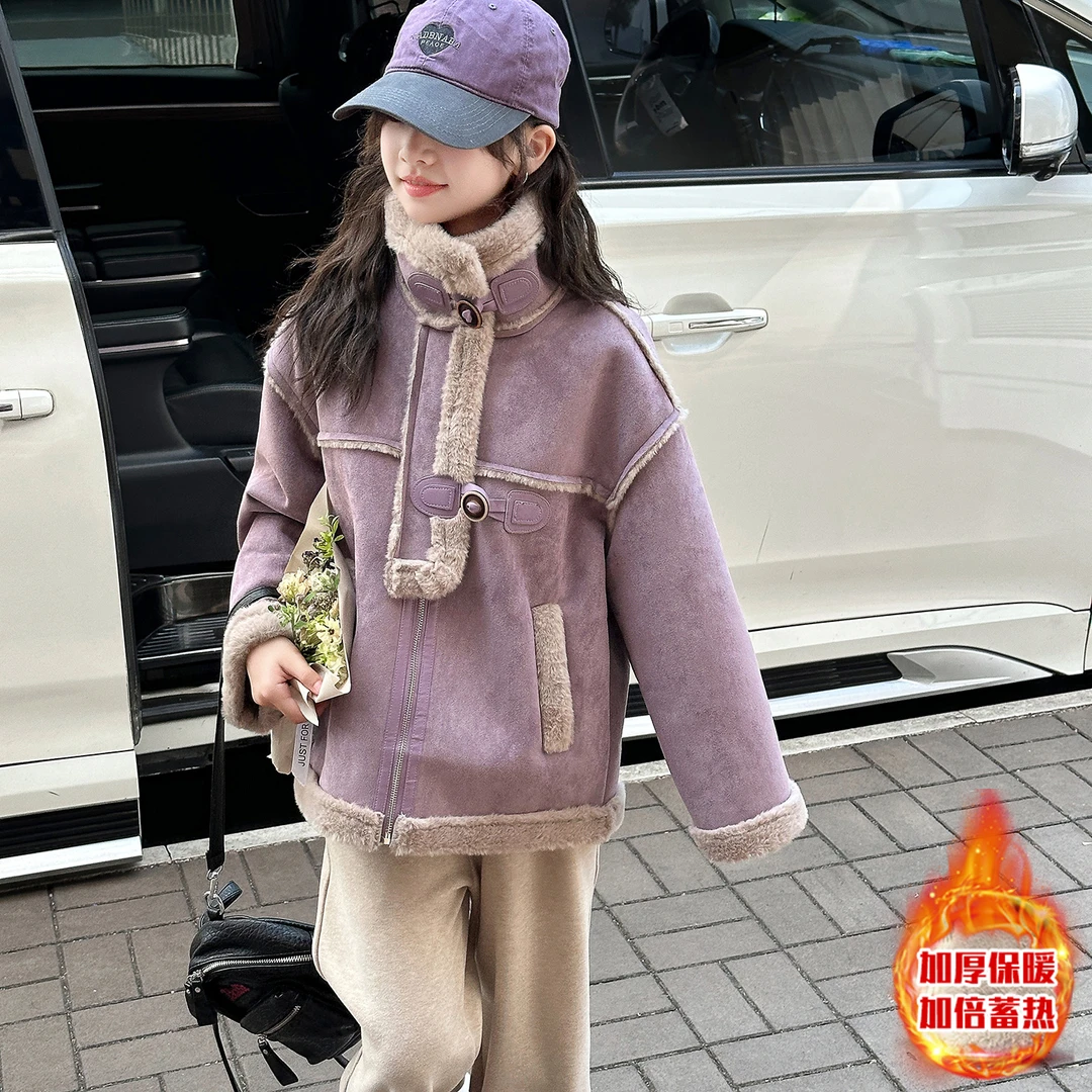 女童纯色秋冬冬季拉链厚款皮毛一体外套蓄热上衣韩版加厚2025秋冬