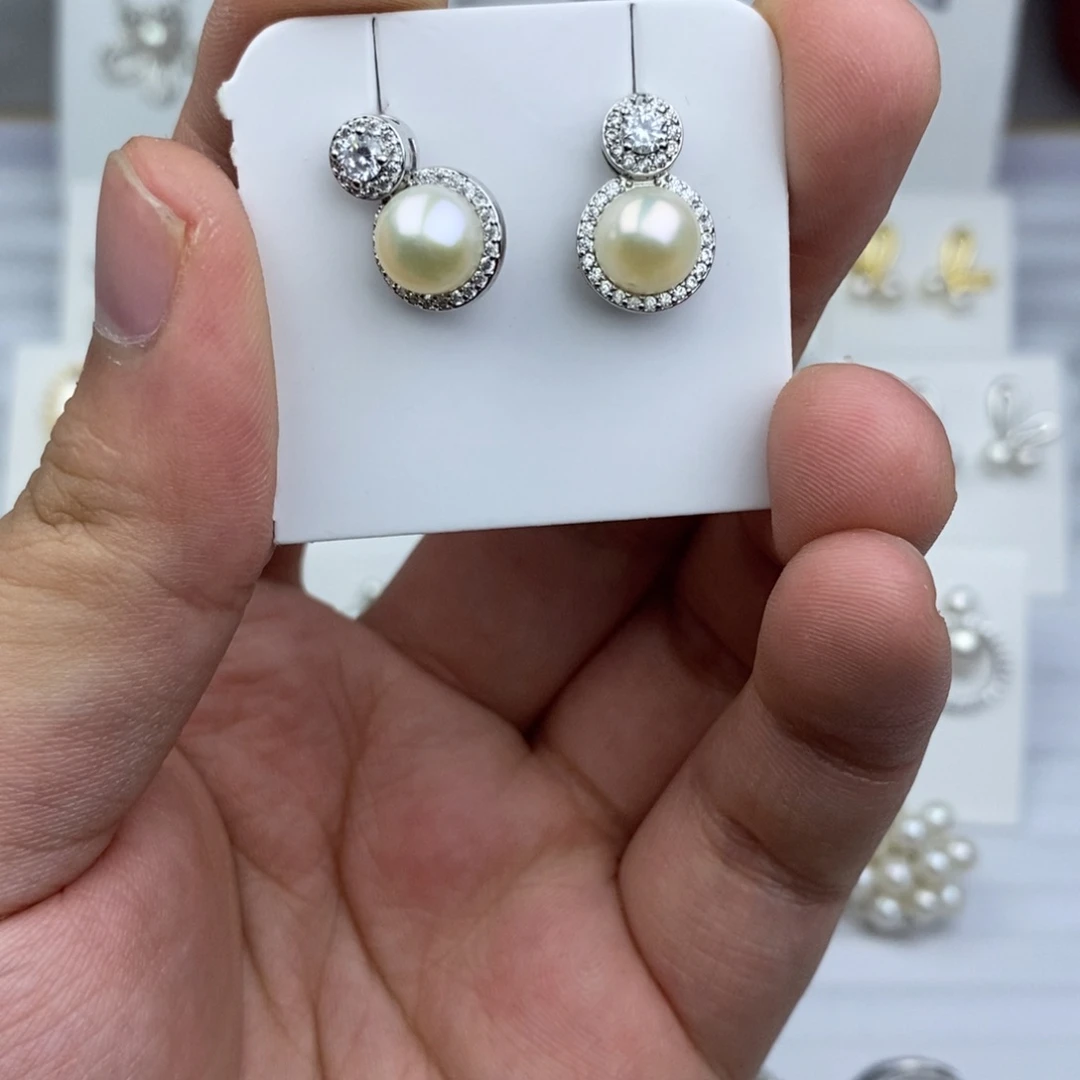 耳饰银S925镶嵌淡水珍珠