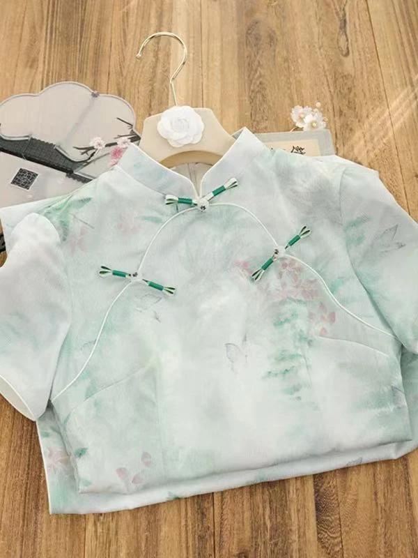 0788 浅绿色 美玲襟 【绿叶】 蝴蝶 旗袍