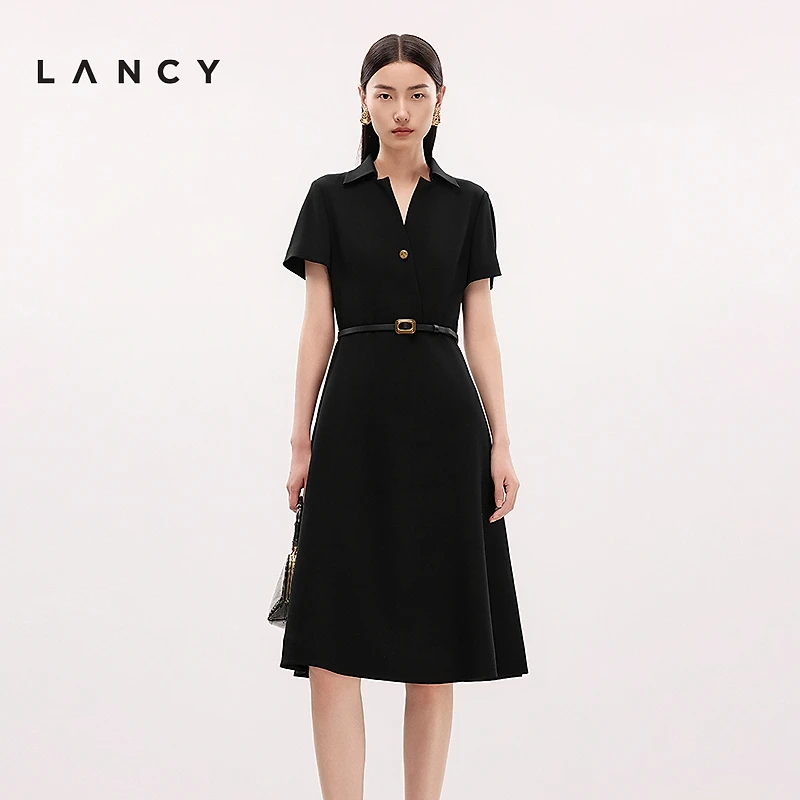 【醋酸】LANCY/朗姿2025夏季新款精致优雅POLO领收腰高级感连衣裙