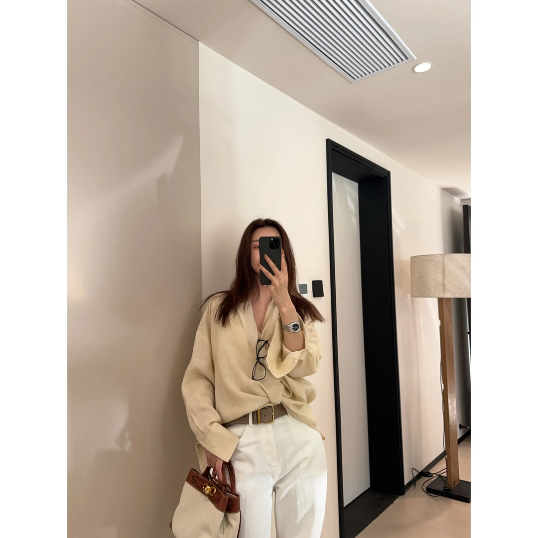 ［REVAN SUN］-大骨架穿搭 古令 V领麻料衬衫580698