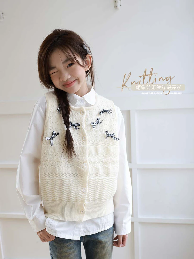 女童针织衫毛衣马甲春季2025新款时尚蝴蝶结叠穿百搭上衣MS853