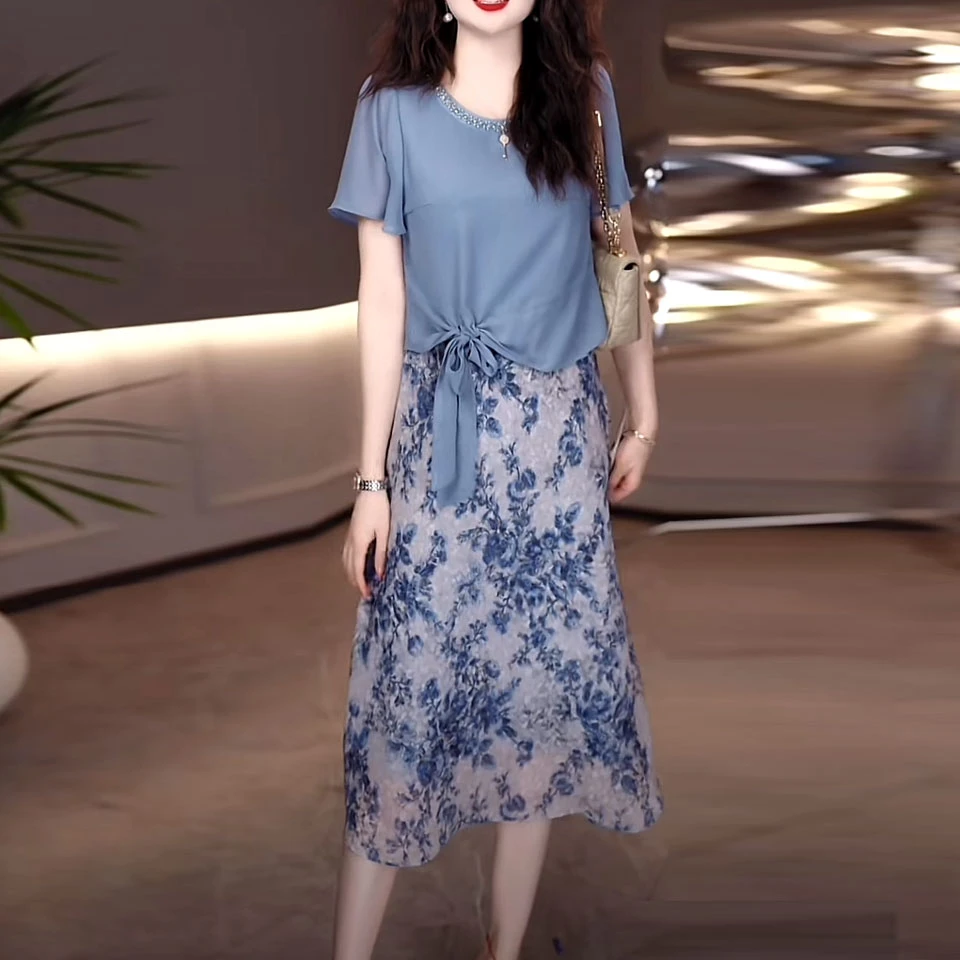 乔琪丝时尚气质碎花假两件连衣裙2025夏季新款修身遮肉洋气A字裙
