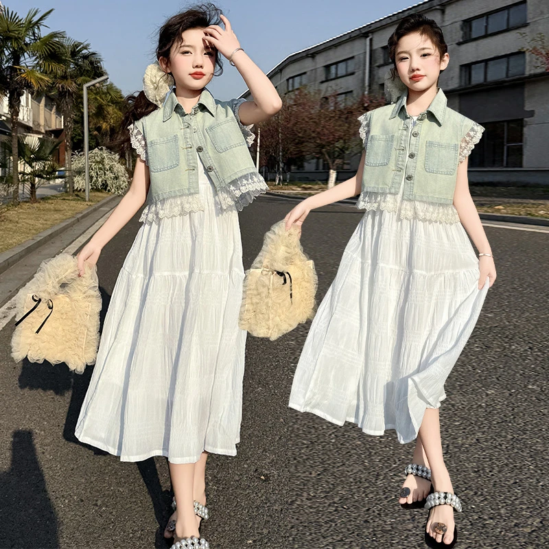 童装女童夏季花边马甲吊带背心连衣裙套装6-12岁15中大童女孩套装