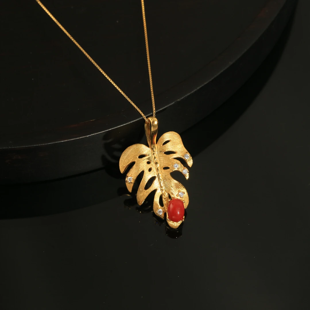 【栩栩专属】S925银 红珊瑚蛋面金色树叶吊坠 约5*7mm SH0144BA3