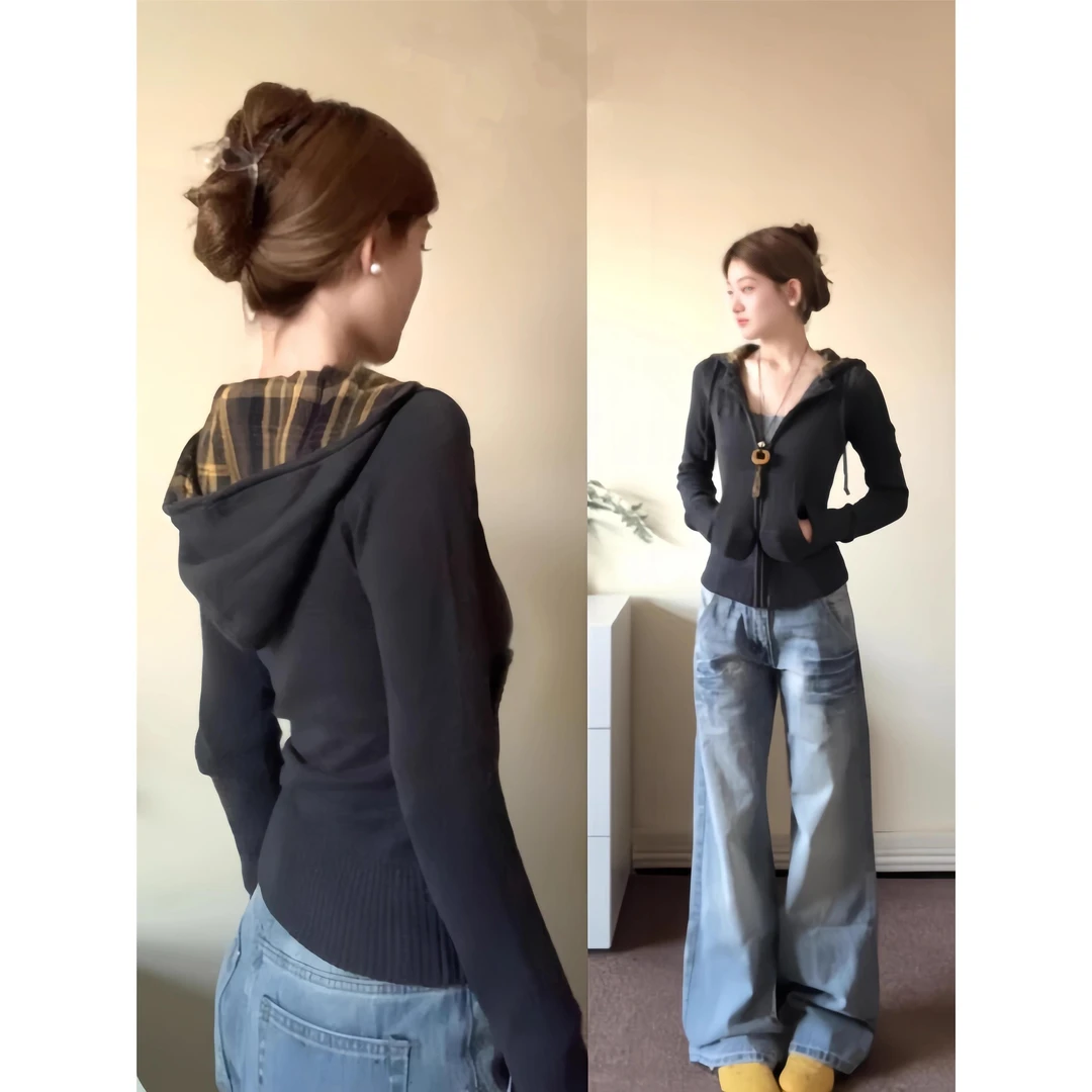 美式复古格子连帽毛衣外套女秋冬季修身收腰短款针织开衫辣妹上衣