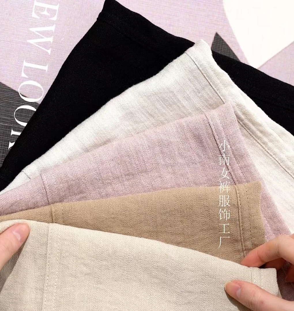 2025夏季亚麻裤女抗皱显瘦高腰透气窄版直筒阔腿裤休闲裤