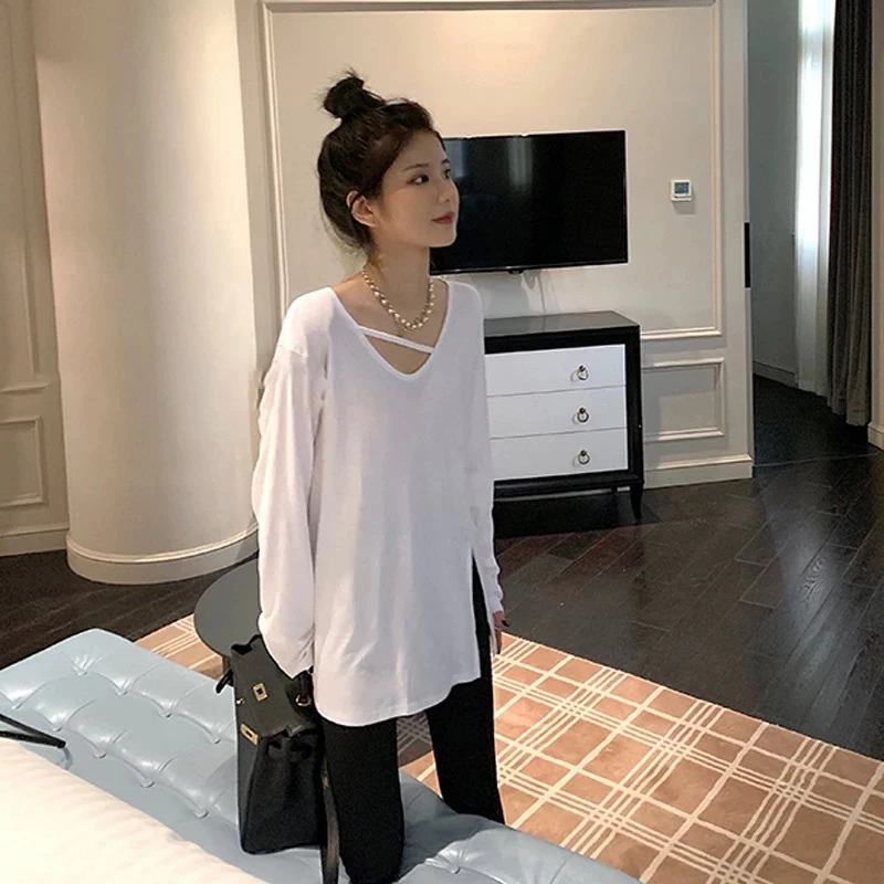 长袖纯色韩版常规款杂志风T恤中长款显瘦抽绳041#