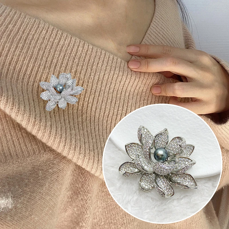 清货精工胸针天然海水大溪地珍珠莲花款A120号