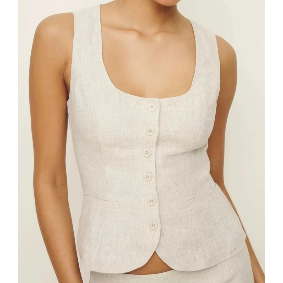 亚麻复古修身时尚马夹（25021207）