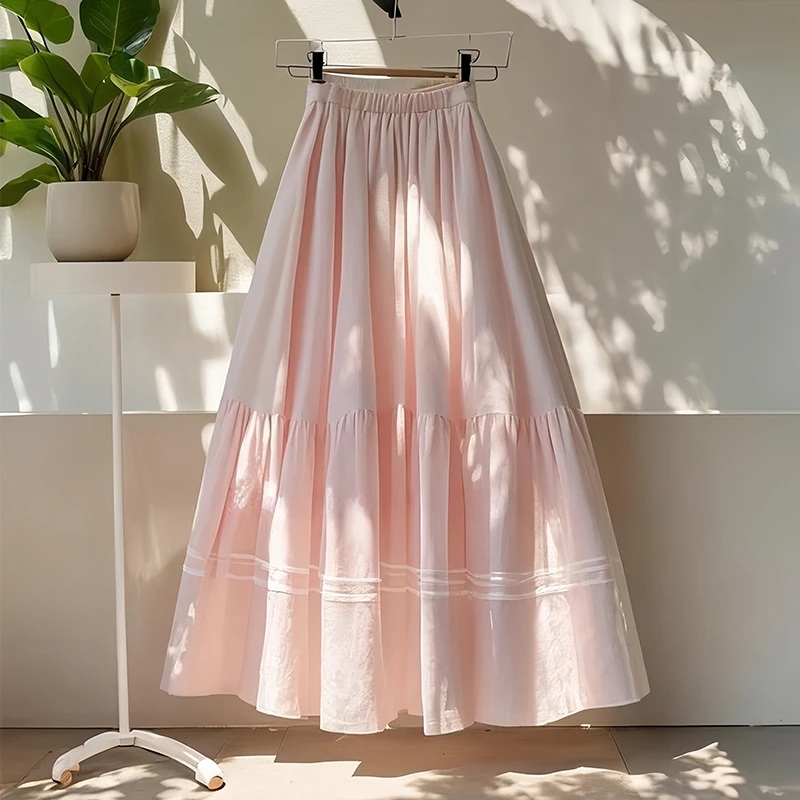 粉色少女感高腰多巴胺A字伞裙女夏季新款小众不撞款松紧半身裙子