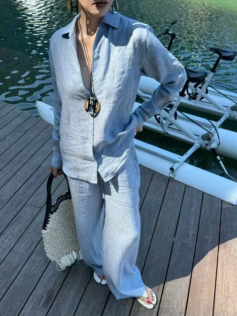 南油高奢【L*P*100亚麻长裤阔腿裤】轻奢极简宽松复古百搭气质蓝色