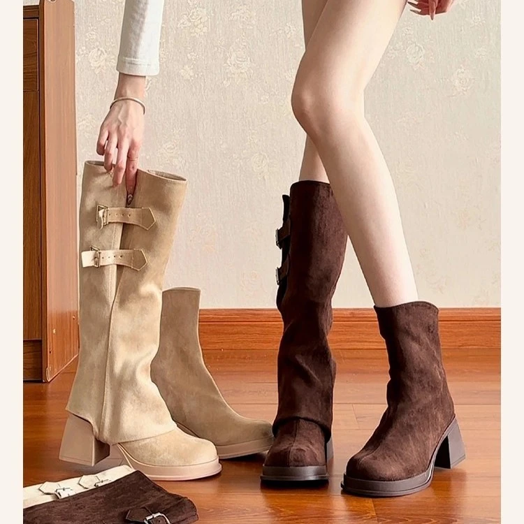 【SJ】2025秋冬靴子新款能拆双穿素色调高跟长靴高筒靴变低靴显瘦美