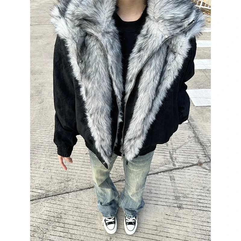 极地狼王美式假两件狼毛座山雕外套男款冬季保暖御寒短款棉服夹克