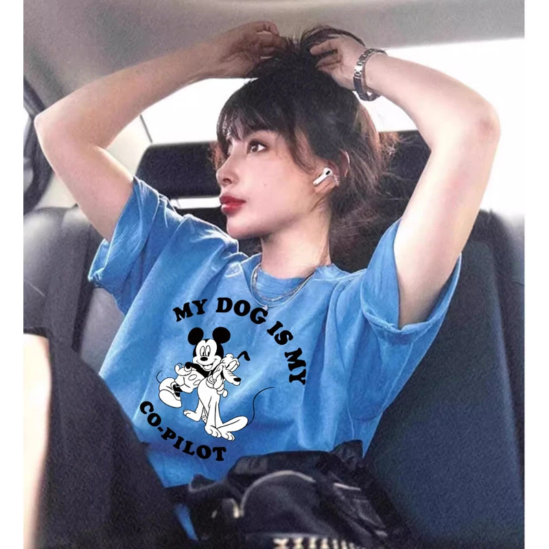 美式多巴胺穿搭蓝色印花短袖t恤女夏小个子圆领宽松休闲正肩上衣