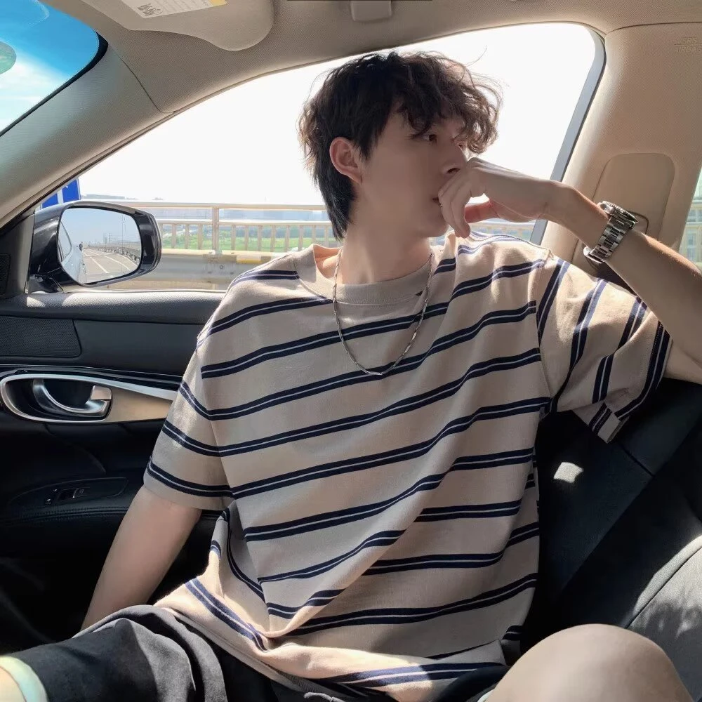 WONST条纹短袖t恤男生夏季2025新款日系复古潮流宽松男士体恤上衣