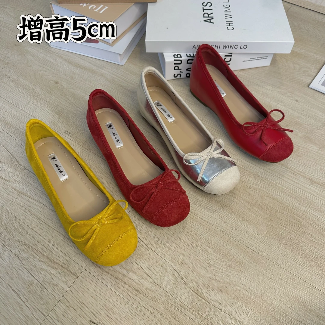增高5cm绒面蝴蝶结圆头浅口单鞋女25春新款复古一脚蹬平底芭蕾鞋