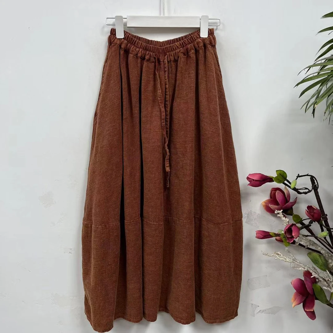 花璟原创设计炒色做旧纯色拼接松紧腰半裙（裙长95腰围66-100）