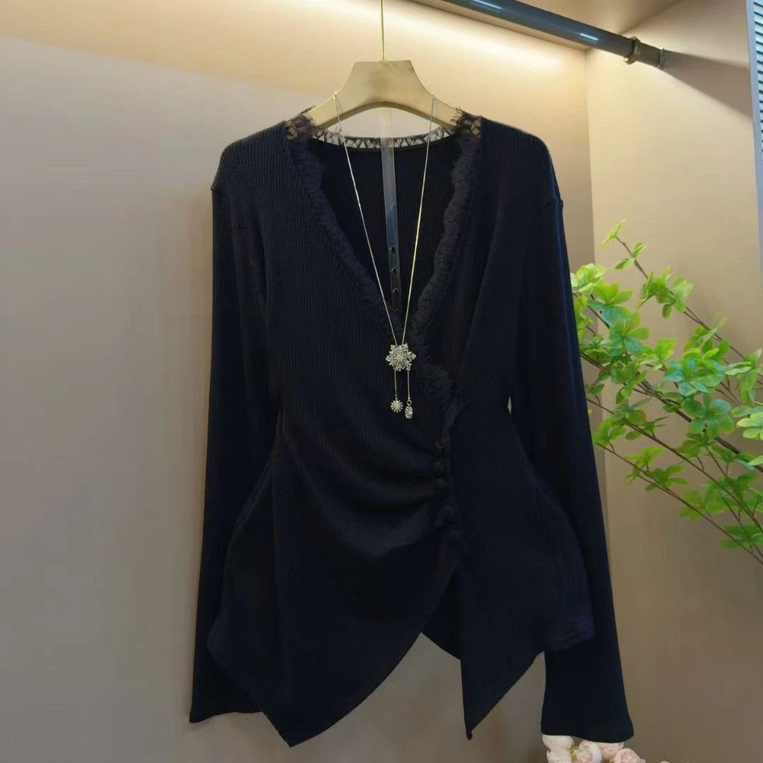 秋季新款气质V领欧货不规则高级感设计轻奢百搭上衣（长69左右）