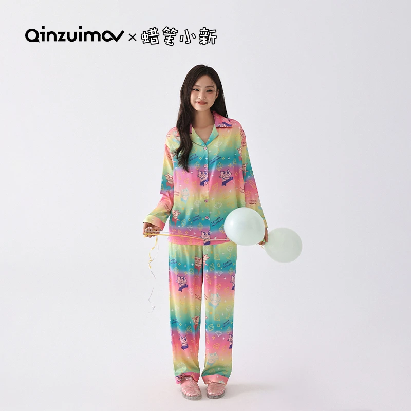 亲嘴猫【蜡笔小新】冰丝云柔缎长袖睡衣女春秋季彩虹色家居服套装