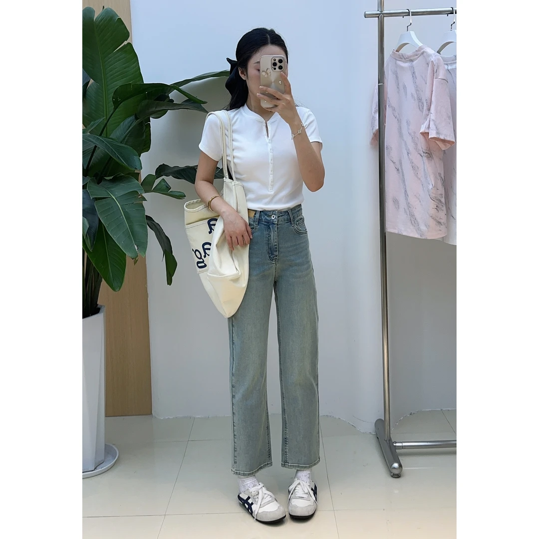 【海南简爱】新款小个子高腰显瘦窄版浅色九分烟管裤73508