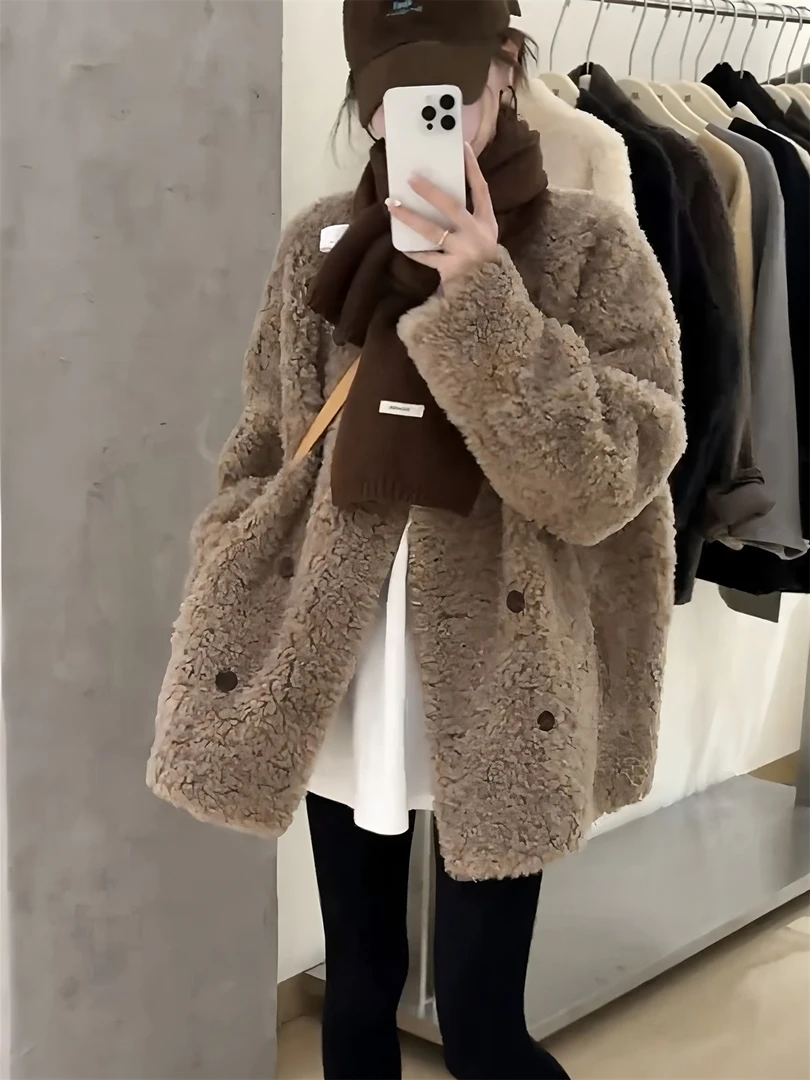 2025秋冬新款韩系羊羔毛外套中长款外套女双排扣宽松百搭加厚保暖