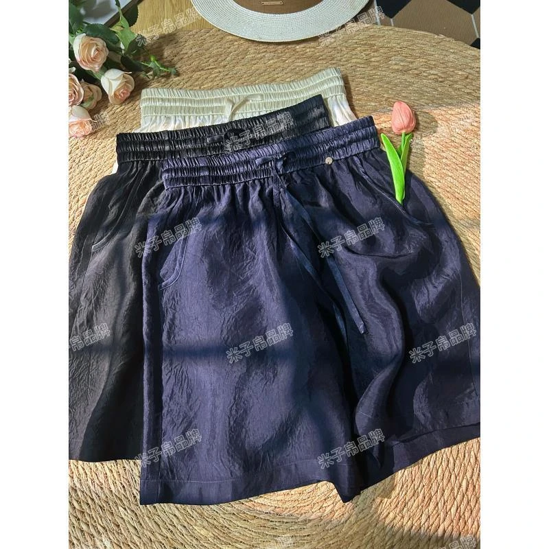 夏季醋酸纯色松紧腰复古百搭时尚短裤休闲裤醋酸裤子