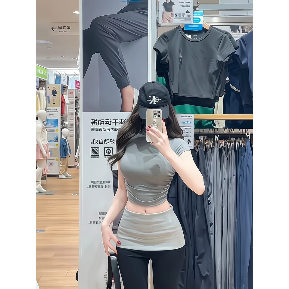 纯欲风性感显胸紧身打底衫短袖T恤女辣妹修身显腿长西装裤两件套