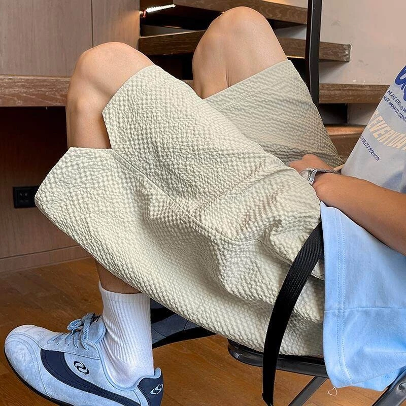 泡泡纱速干短裤男夏季薄款青少年潮牌运动中裤外穿宽松直筒五分裤