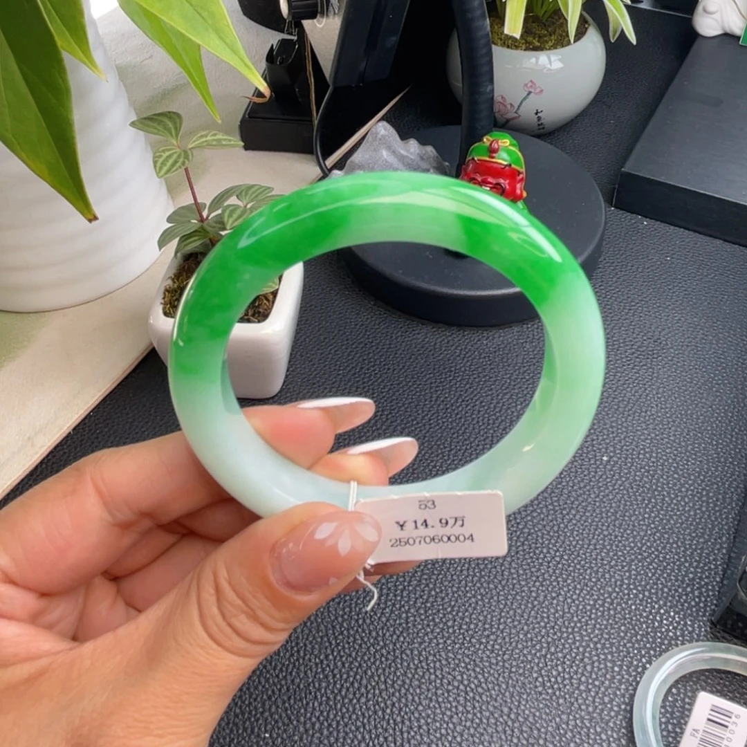 翡翠未镶嵌手镯细糯化飘辣阳绿53正圈