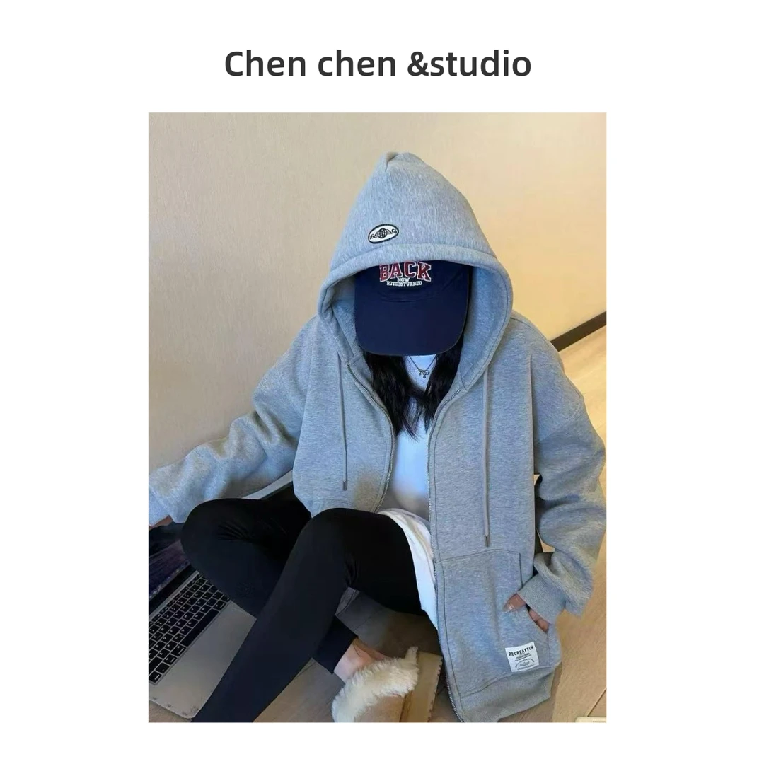 灰色抽绳美式加绒开衫连帽卫衣女2025秋季韩版慵懒风拉链外套上衣