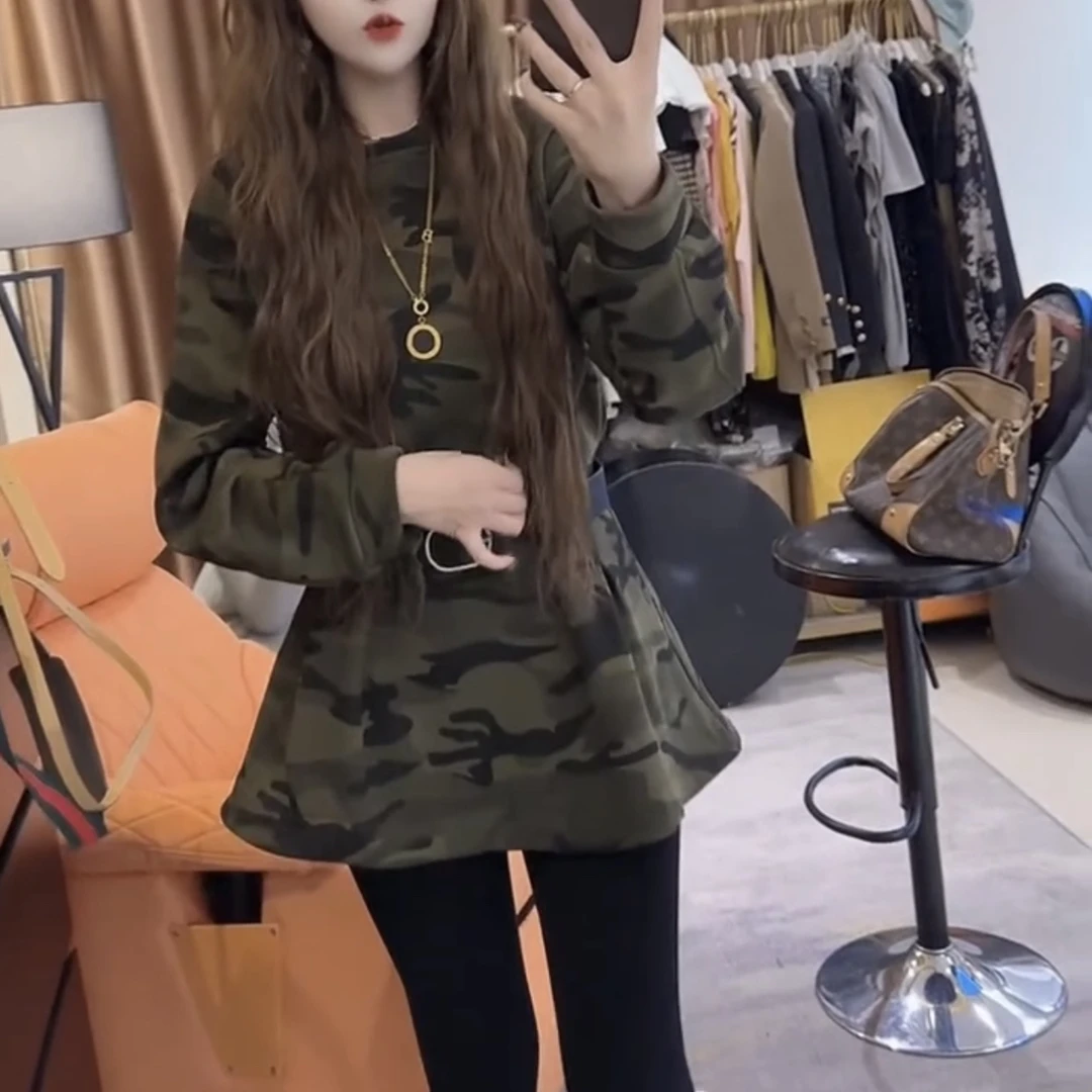 新款迷彩收腰显瘦加绒连衣裙
