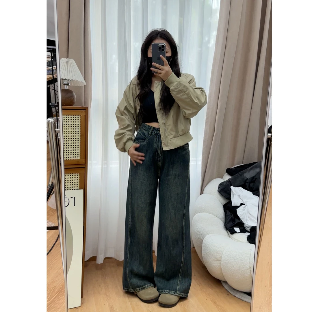 小个子高腰阔腿牛仔裤女2025春秋大码百搭显瘦垂感弯刀拖地裤子