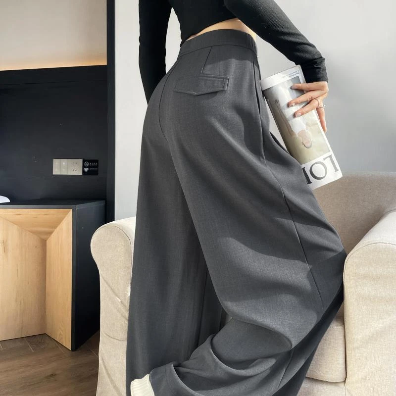 灰色窄版西装阔腿裤女垂感高腰休闲春夏2025新款显瘦百搭质感西裤
