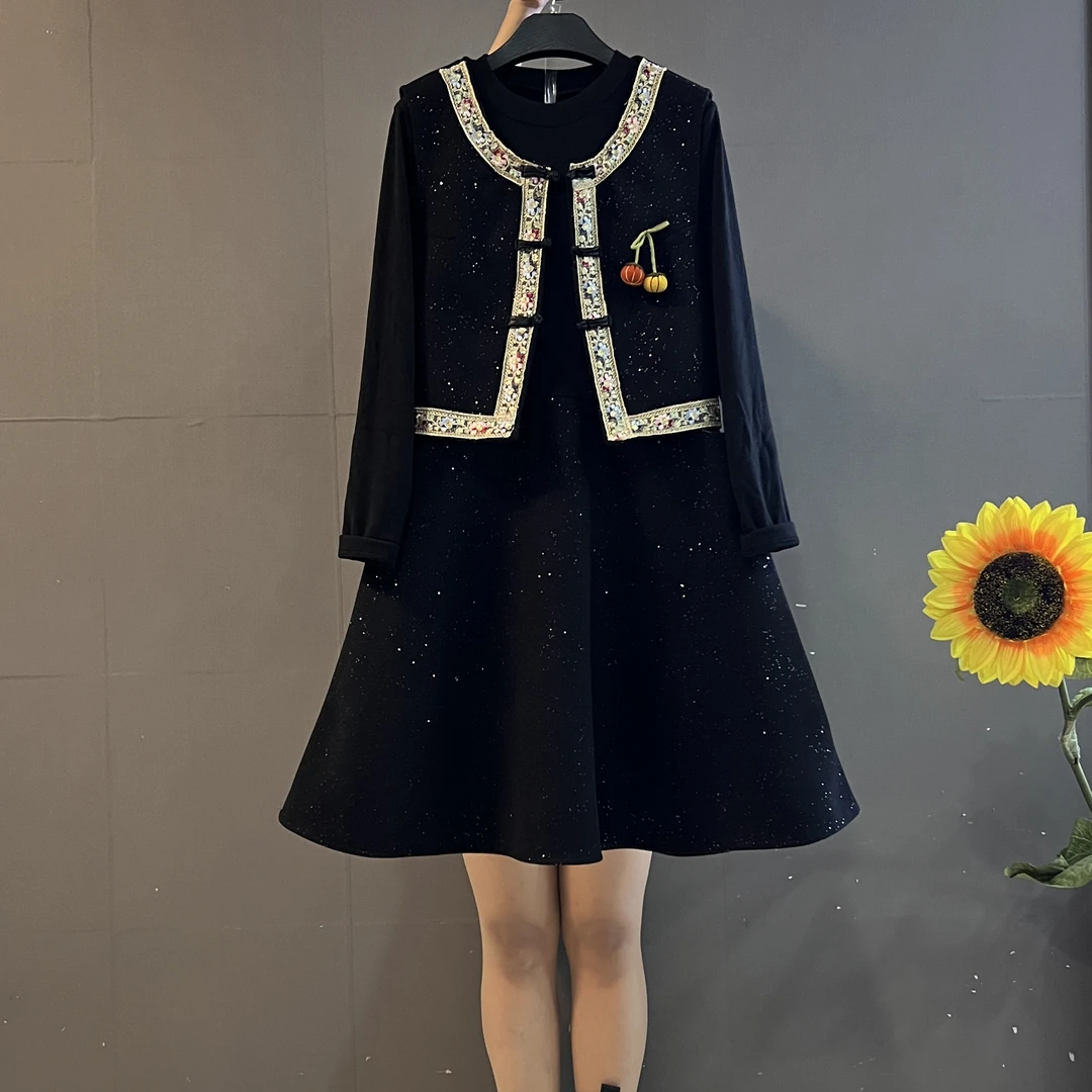 新中式复古国风刺绣镶边盘扣马甲➕长袖连衣裙时尚显瘦两件套