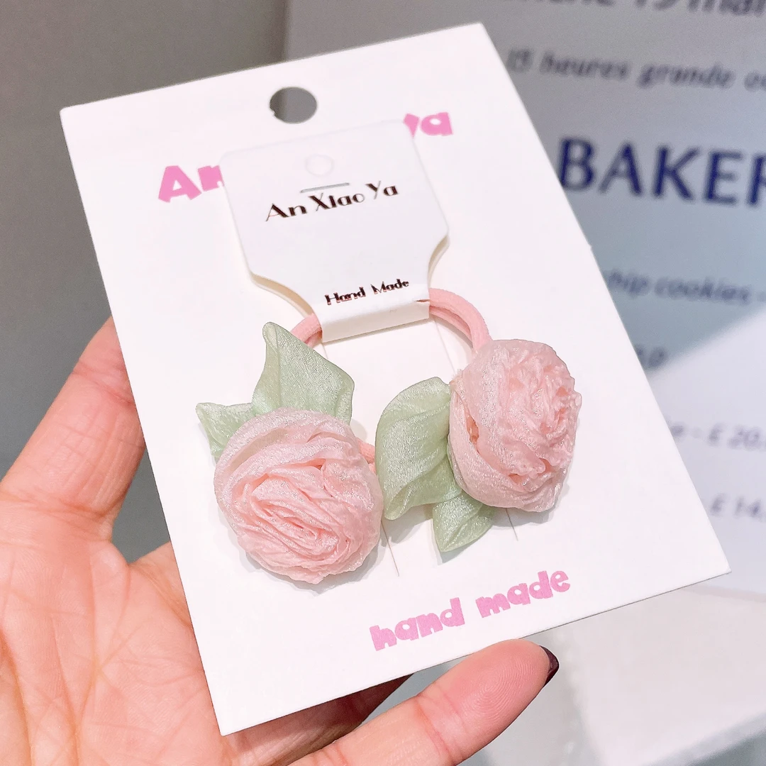 A-6580  aa 1对粉色花花蝴蝶结布艺纱纱小清耐用头绳        发圈