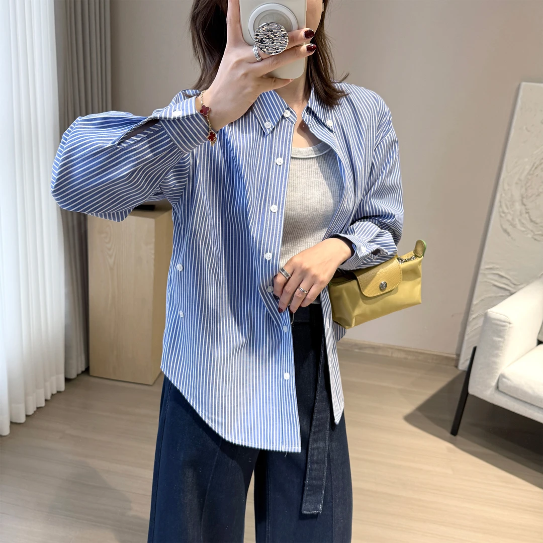 靓小靓【3穿条纹衬衫】设计感收腰纽扣小个子精致休闲衬衫 RN2502