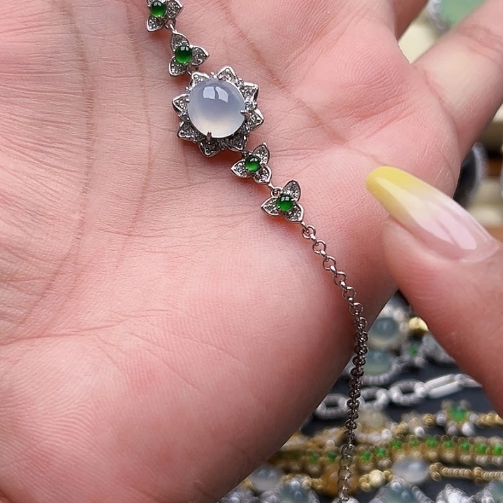 翡翠银S925镶嵌戒圈缅甸天然A货翡翠手链