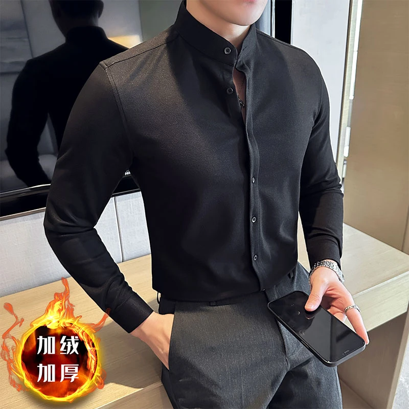 新中式立领磨毛衬衫男款爆款2025新款纯色百搭商务休闲加绒衬衣男